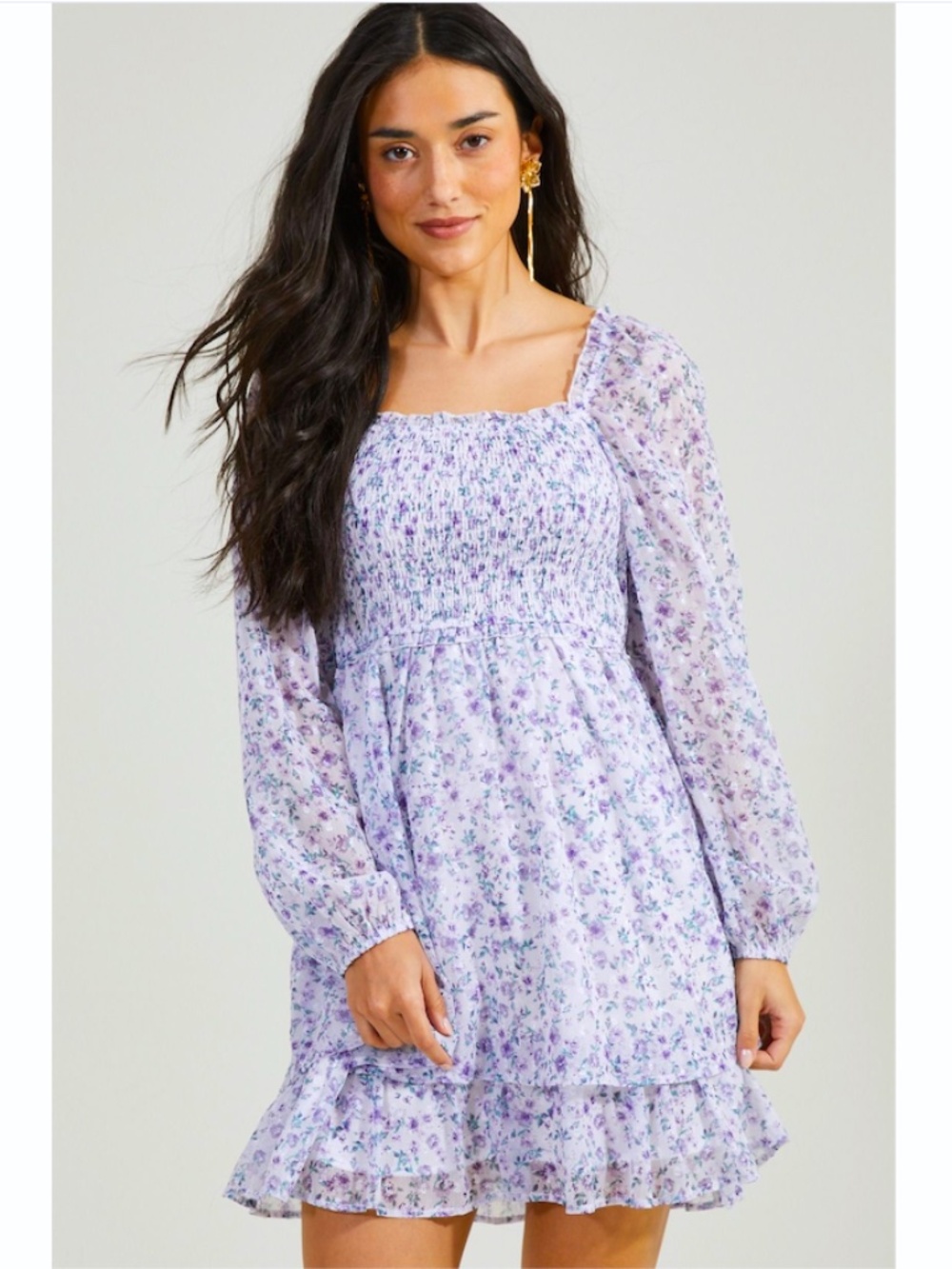 Altar'd State | Aliana Purple Floral Smocked Tiered Mini Dress-Size M